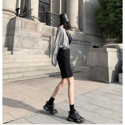 五分牛仔短裤女夏季2020新款ins潮高腰宽松黑色港味直筒5分中裤