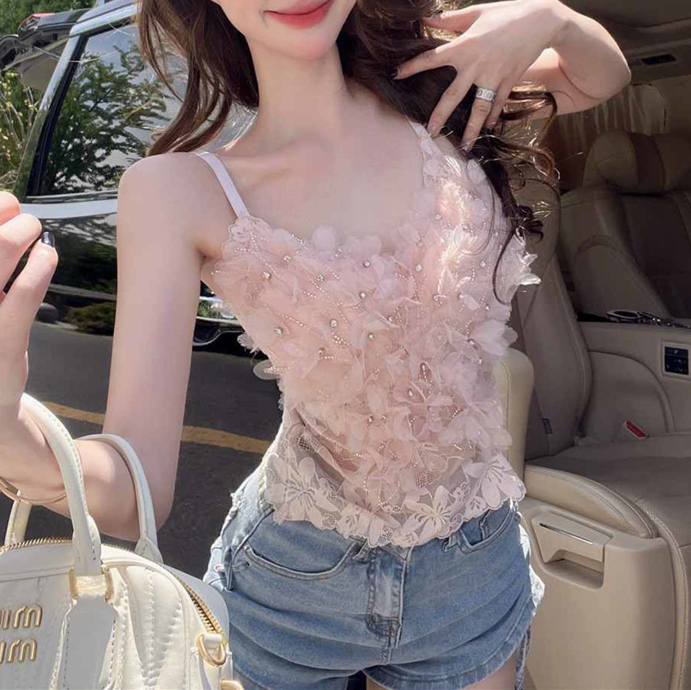 2025重工花朵蕾丝吊带背心女装夏泰式纯欲甜辣妹透视抹胸上衣绝美