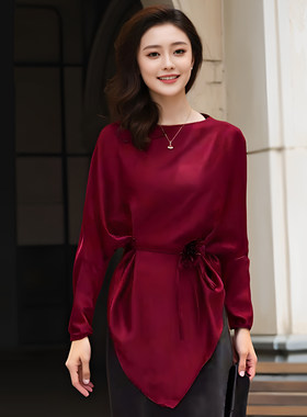 轻奢贵气显瘦蝙蝠袖一字领珠光醋酸缎面小衫女士长袖纯色衬衫上衣