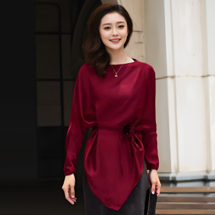 纯色衬衫 女士长袖 上衣 一字领珠光醋酸缎面小衫 轻奢贵气显瘦蝙蝠袖