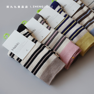 郑九九秋冬撞色条纹韩版 女袜 百搭女士棉袜子复古中筒袜小红书同款