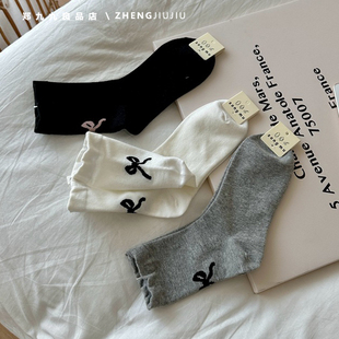 郑九九白色袜子女中筒袜春夏天棉袜甜美韩国蝴蝶结ins潮日系长袜