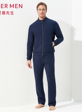 aimer men爱慕先生酷感运动中绒敞口藏蓝长裤NS63C842