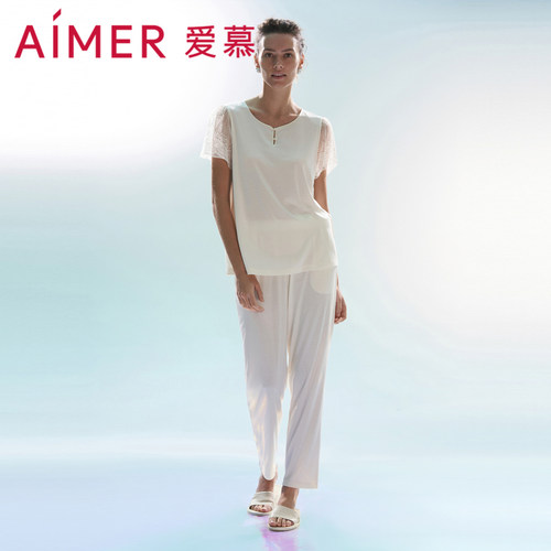 爱慕欢禧睡衣女莫代尔V领短袖可外穿分身套装家居服AM469291