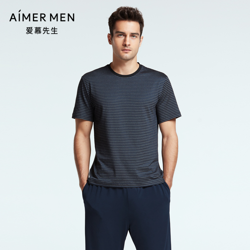 爱慕先生睡衣22SS高端条纹家居系列男士圆领短袖上衣NS41F951
