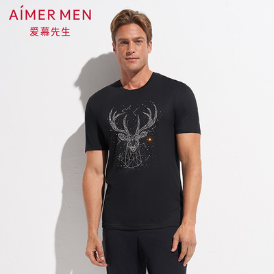 aimer men爱慕先生限量创意男士莫代尔T恤圆领短袖麋鹿NS81D671