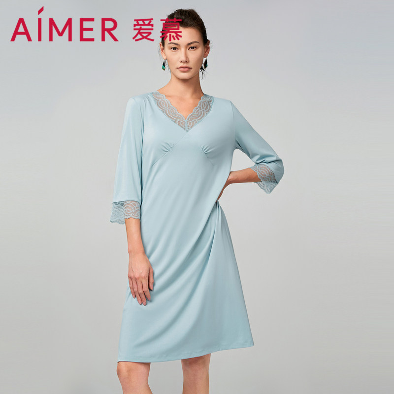 爱慕春秋睡衣女柔软细腻莫代尔七分袖V领中长睡裙家居服AM448771