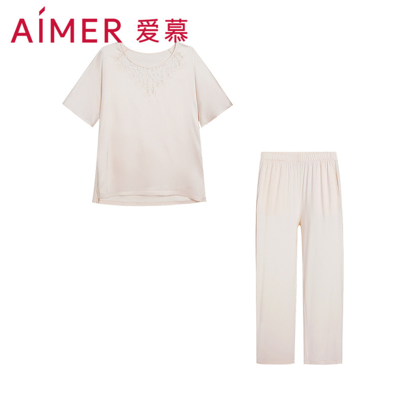 爱慕花之秘境睡衣女春夏含真丝短袖套头长裤套装家居服AM469541