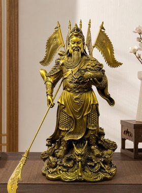 纯铜关公九龙提刀托宝摆件武财神