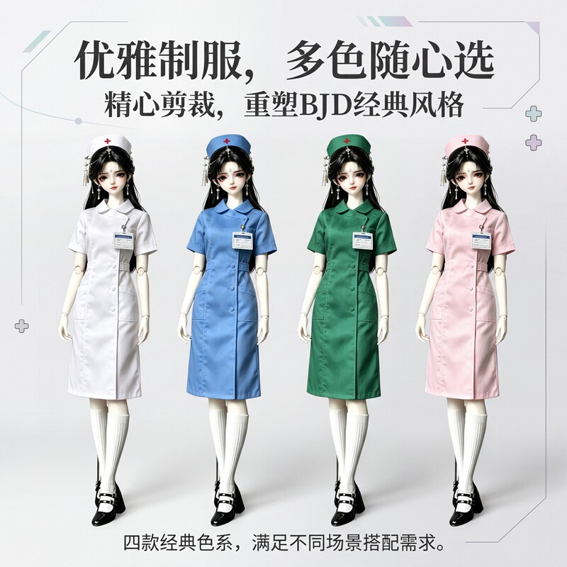 3分4分BJD娃衣 温柔 护士服连衣裙 护帽工牌 6分3分4分娃通用套装