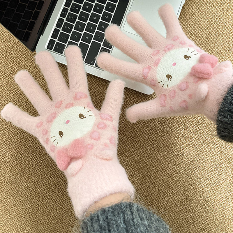 豹纹猫咪针织手套女2025新款秋冬季保暖防寒学生户外骑行御寒加厚