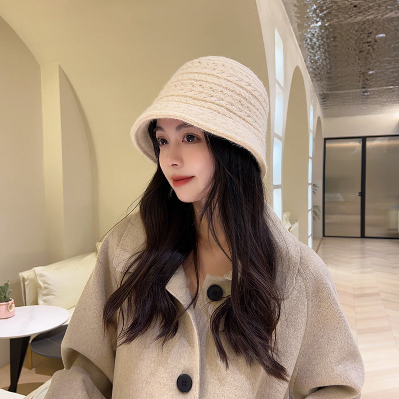 针织渔夫帽女日系百搭纯色钩花盆帽秋冬季时尚加厚保暖毛线水桶帽