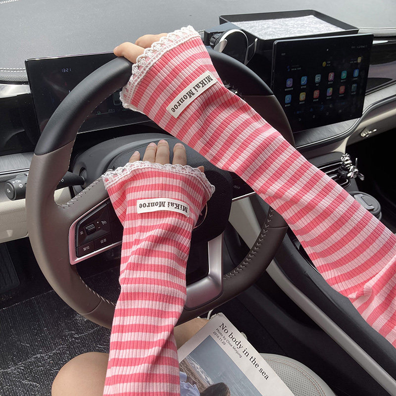 多巴胺条纹防晒袖套夏季防紫外线宽松蕾丝边冰袖凉感透气设计护臂