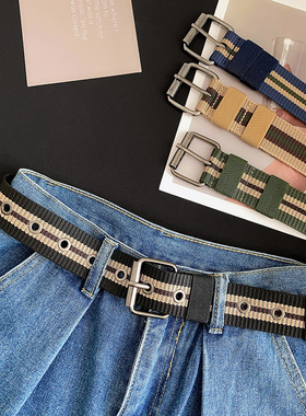 帆布腰带女装饰编织弹力高级感免打孔学生军训松紧收腰牛仔裤皮带