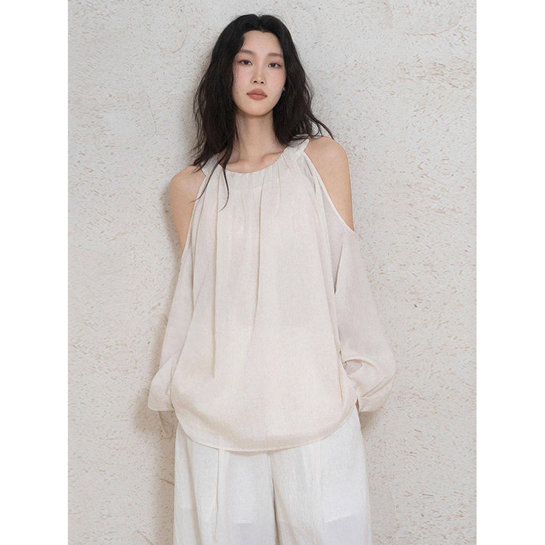 法式薄款挂脖棉麻漏肩衬杉女设计感亚麻露肩气质上衣2025夏季