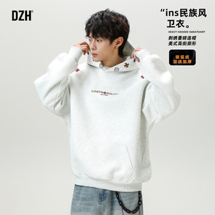 男士白色380g重磅卫衣男款2025新款民族风上衣连帽外套加绒加厚冬