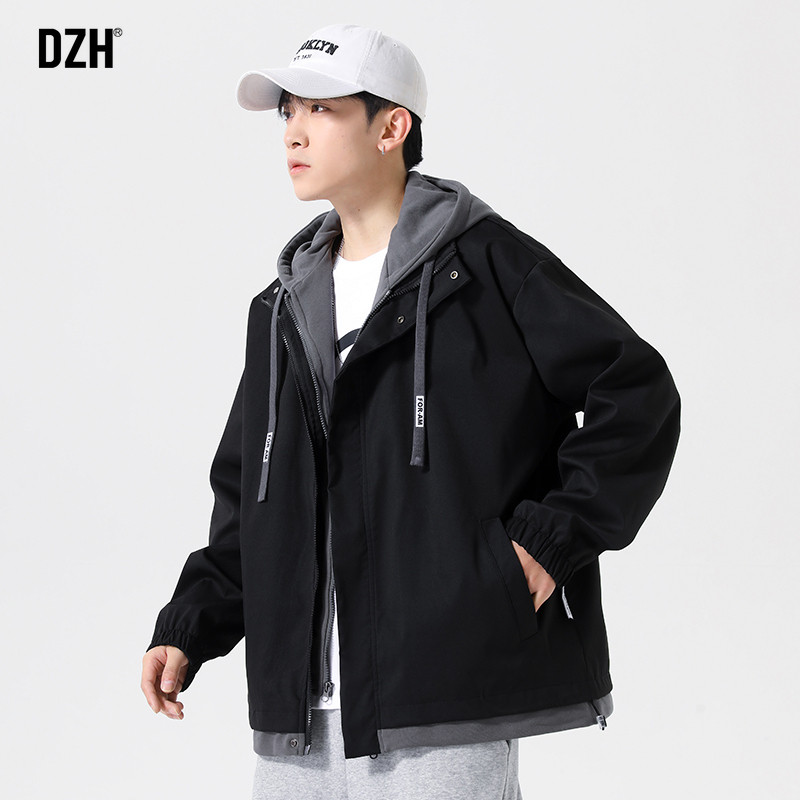青少年假两件防风连帽外套男春秋潮流百搭2026年新款运动飞行夹克