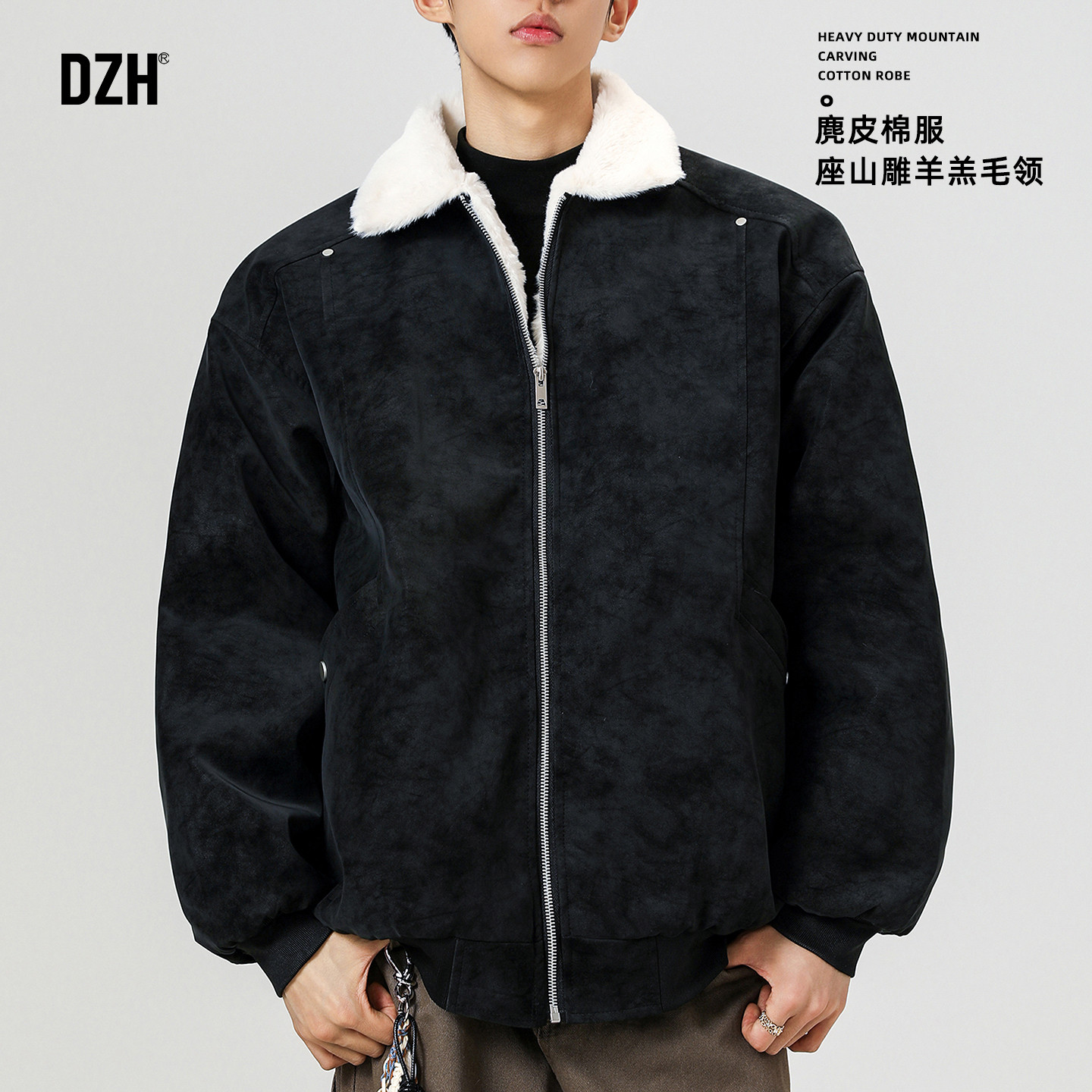 男士黑色座山雕翻领厚外套男款2025新款今年流行爆款保暖棉服棉袄