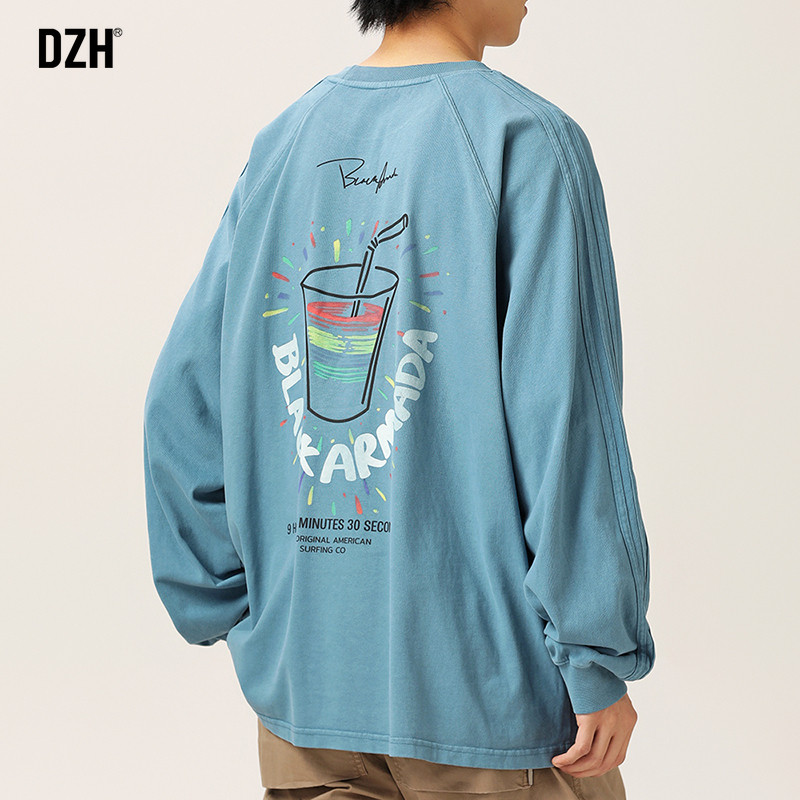 青少年蓝色长袖t恤男2026新款插肩袖印花上衣宽松体恤纯棉打底衫