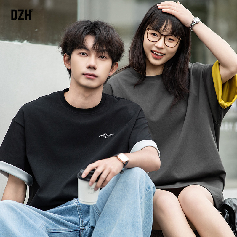 情侣假两件t恤男圆领美式潮牌2025新款刺绣短袖男款半袖上衣宽松