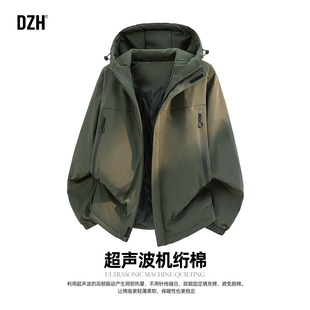 男士军绿色冲锋衣男款夹棉加厚连帽外套男2025新款冬季青少年棉服