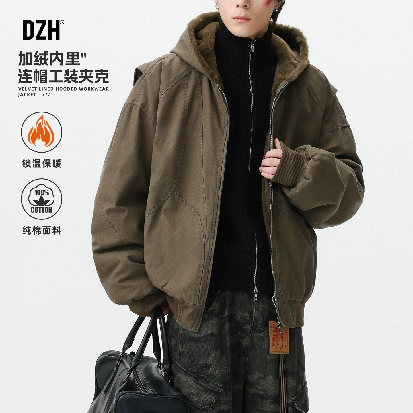 连帽加绒加厚外套工装夹克男装