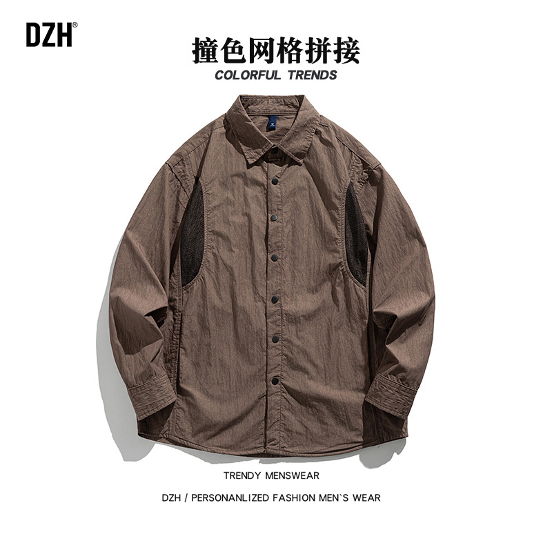 翻领长袖山系轻户外网格拼接衬衫