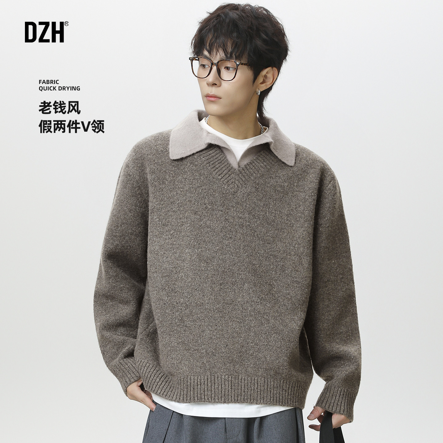 男士假两件针织衫男秋冬款老钱风毛衣男款2025新款长袖内搭可外穿