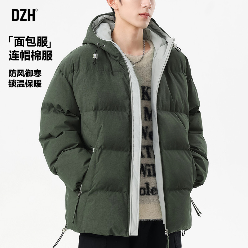男士军绿色连帽棉服男冬季加厚2025新款年保暖面包服美式棉衣外套