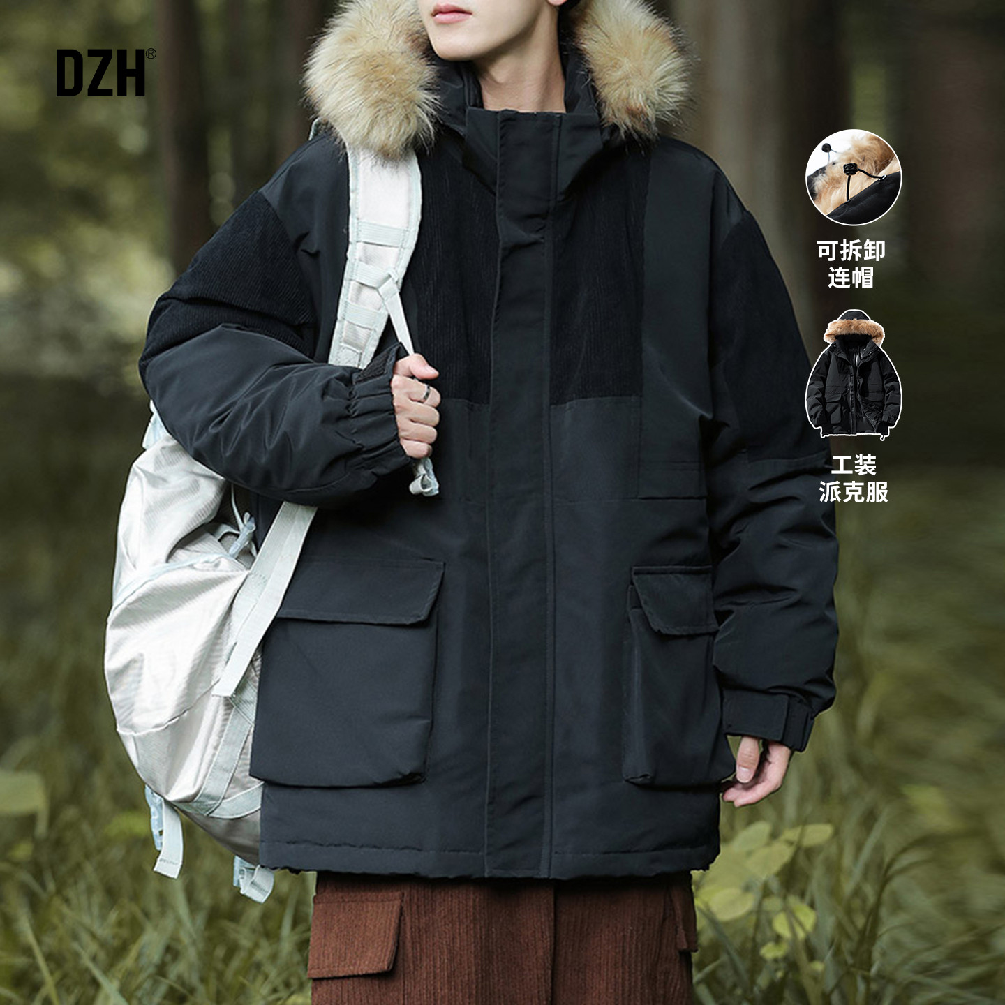 男士毛领工装派克服男款冬季潮牌2026新款连帽棉衣外套宽松棉袄子