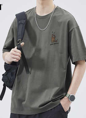 男生深灰色t恤短袖男夏季潮牌宽松半袖2026新款男装体恤刺绣上衣