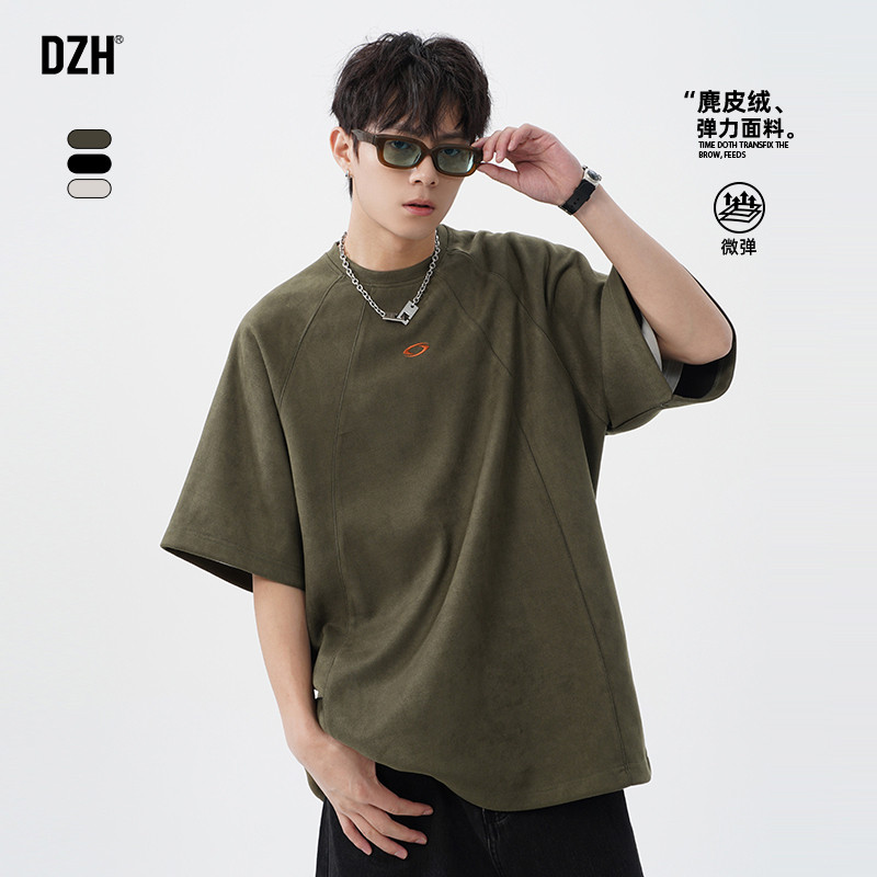 男士麂皮绒短袖男款夏季潮牌2025新款刺绣t恤男圆领美式体恤上衣