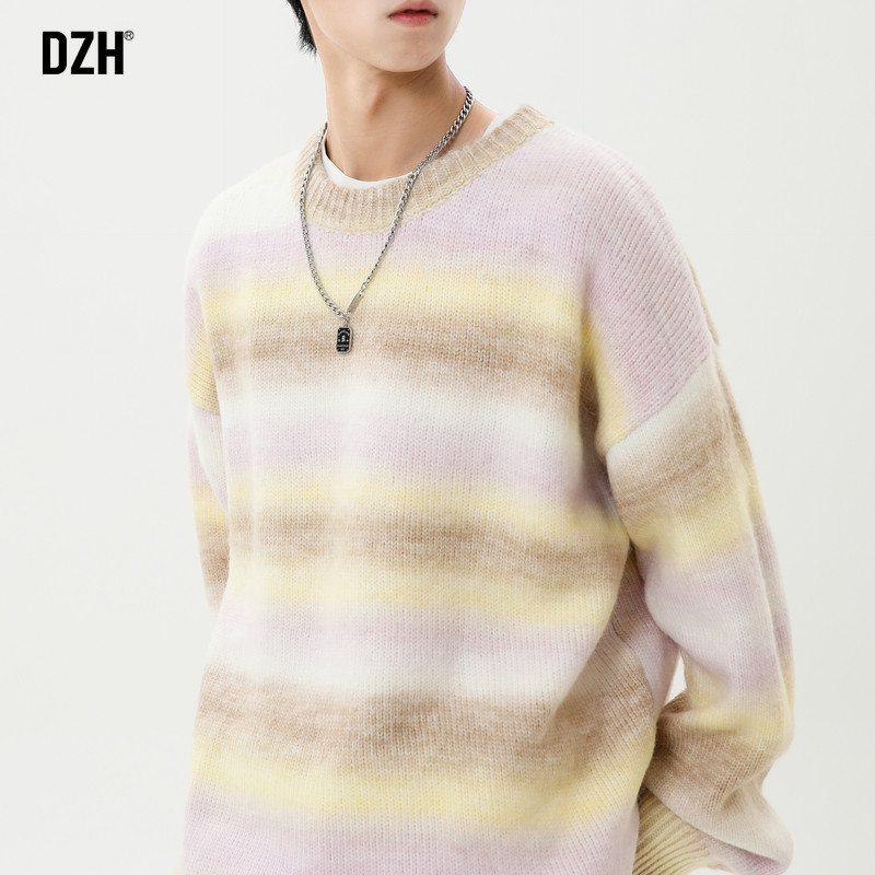 男生撞色条纹毛衣男秋冬款圆领内搭打底2025新款慵懒松弛感针织衫