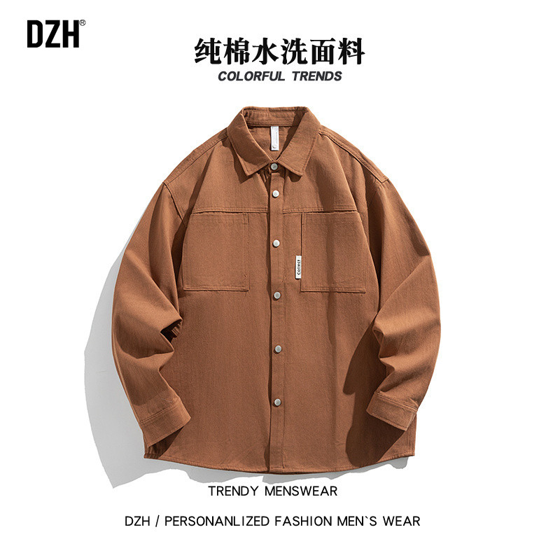 日系焦糖色衬衫男长袖上衣美拉德外套男款秋季开衫外搭衬衣青少年