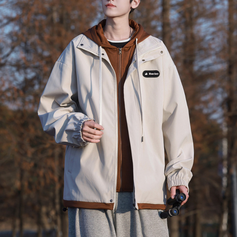 男士假两件上衣连帽外套男高级感痞帅春秋季2025新款潮牌男装外衣