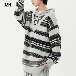 青少年撞色条纹假两件毛衣男秋冬季2026年新款长袖连帽针织衫外套