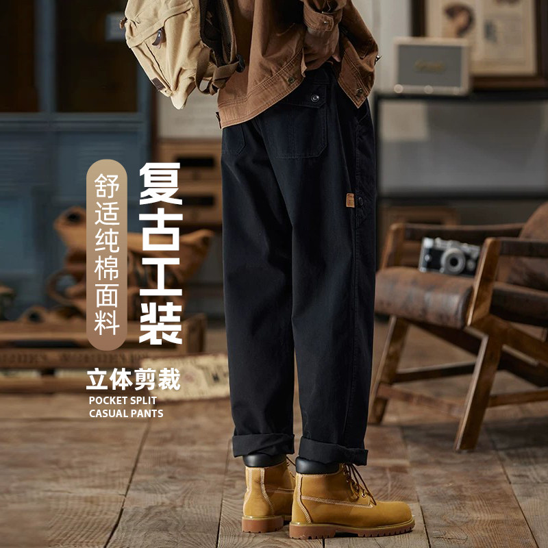 纯棉工装裤黑色休闲裤美式图片