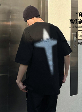 潮男黑色短袖美式男款Oversizet恤男士半袖男夏季上衣2025年新款