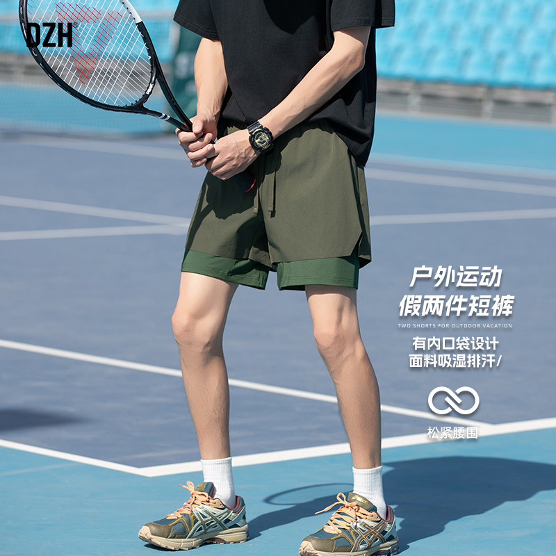 青少年军绿色运动短裤男夏季外穿假两件裤子大裤衩半截裤2025新款