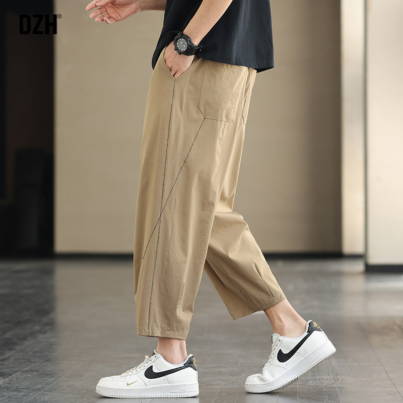 男士卡其色九分休闲裤男夏季薄款潮牌休闲宽松直筒阔腿运动裤男款