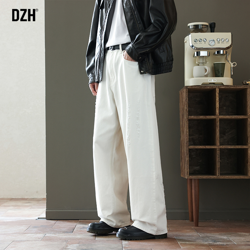男士白色美式破洞牛仔裤男款春季宽松直筒裤子痞帅男裤2025年新款