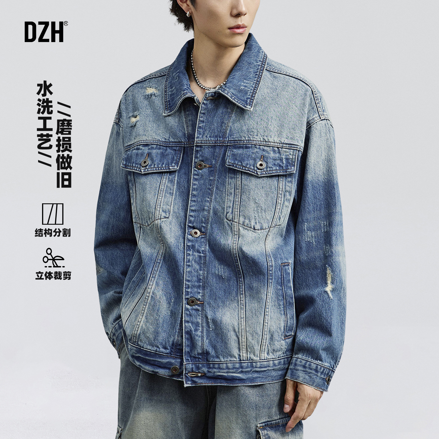 翻领宽松双插扣牛仔外套