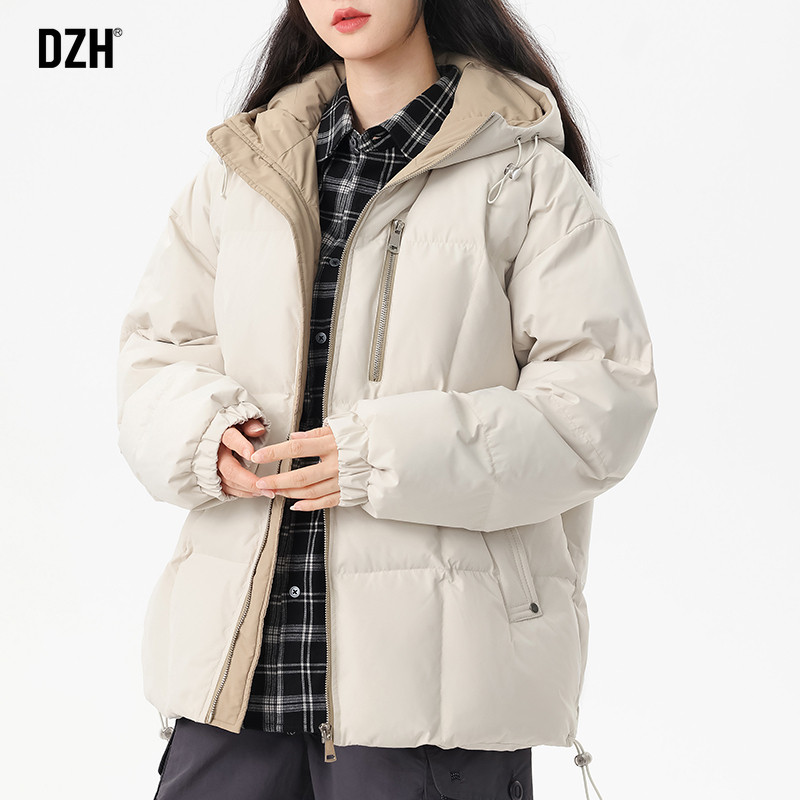 男女同款米白色棉衣外套高级感休闲连帽棉服冬季加厚袄子2025新款