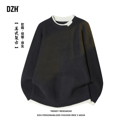 圆领假两件拼接美式潮牌毛衣保暖