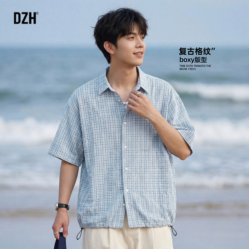 翻领短袖美式潮牌格纹衬衫