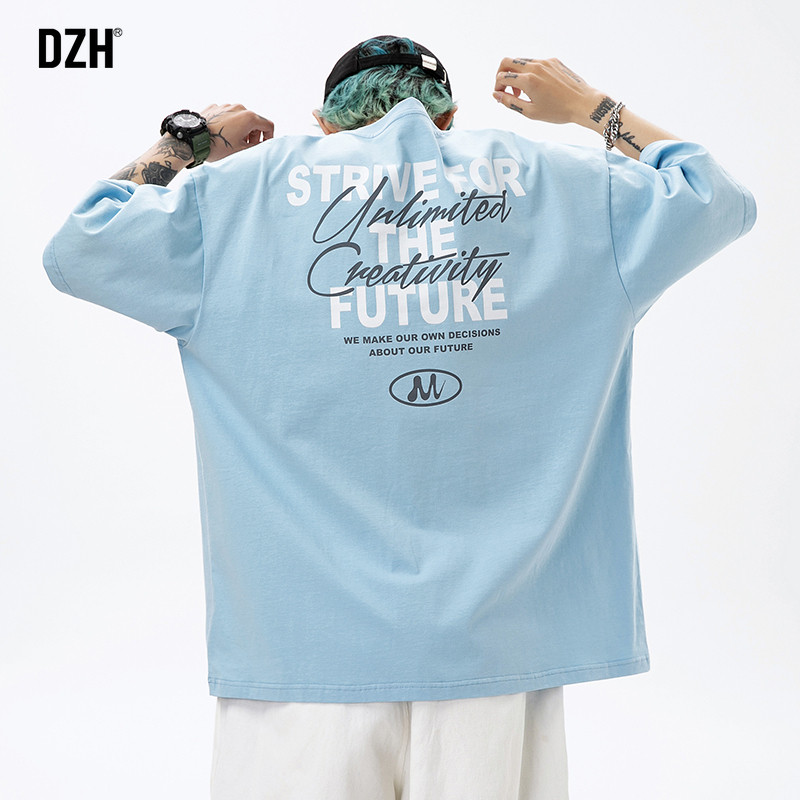 【断码清仓捡漏】蓝色印花t恤男短袖纯棉夏季印花上衣宽松圆领