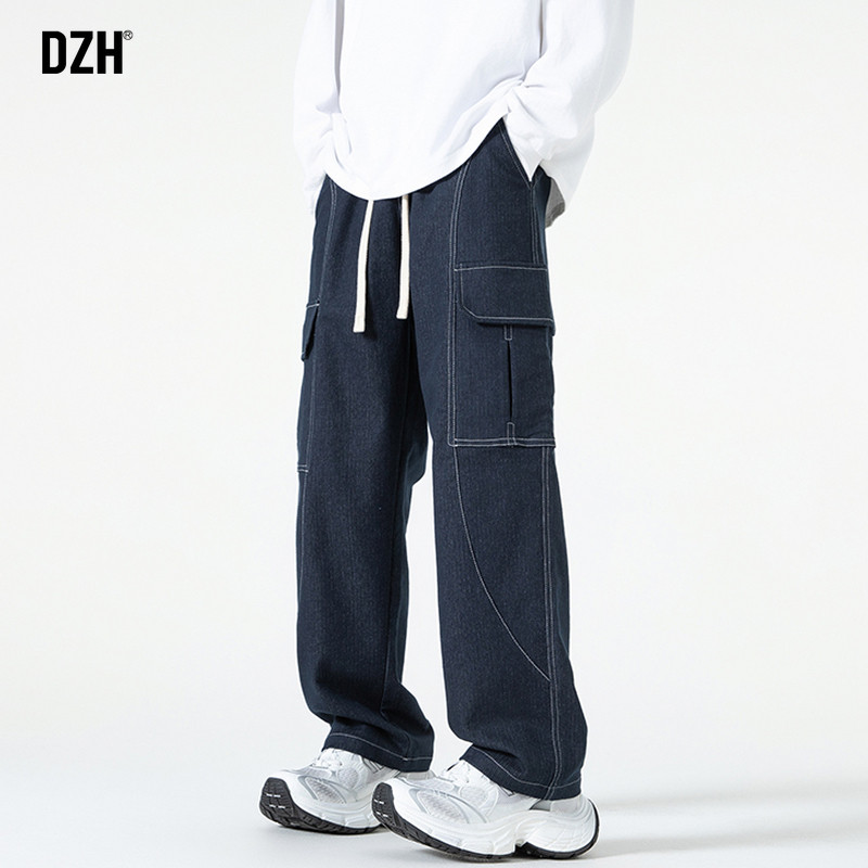 男士深蓝色牛仔裤男直筒潮牌男裤秋季新款裤子美式高街宽松工装裤