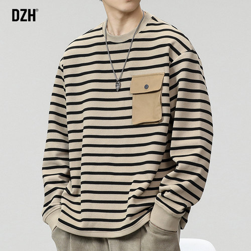 条纹长袖T恤大码宽松体恤衫百搭