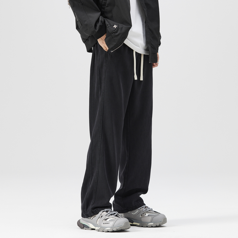 松紧腰水洗垂坠感牛仔裤直筒宽松