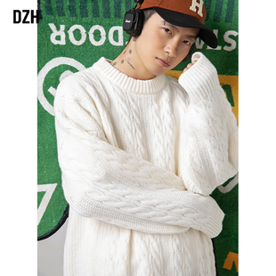 男士白色圆领毛衣男款冬季加厚软糯慵懒风高级感套头针织衫上衣男